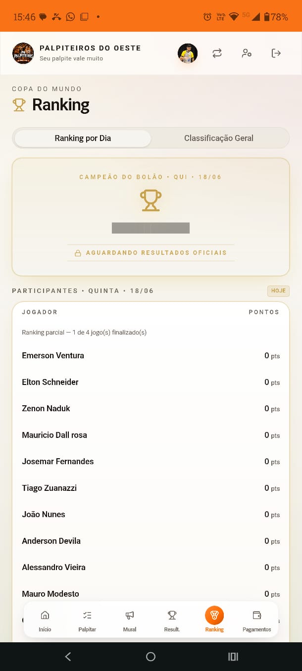 Tela Ranking do app Palpiteiros do Oeste