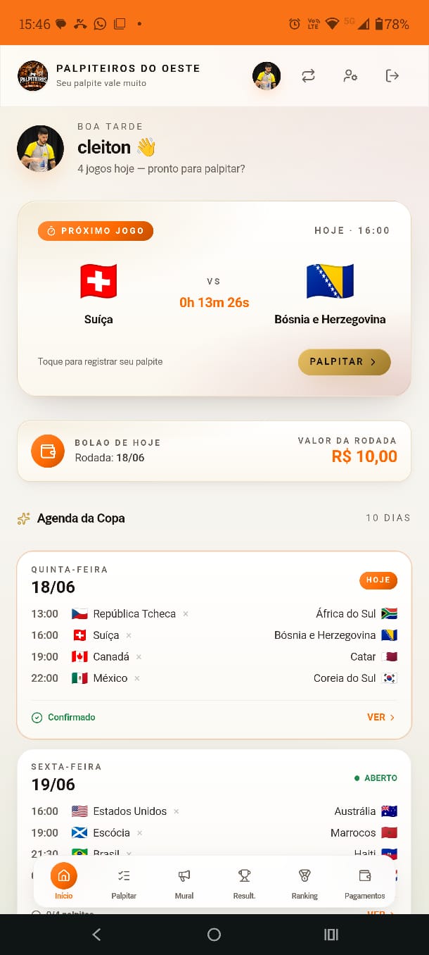 Tela Campeões do app Palpiteiros do Oeste