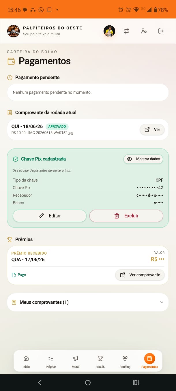 Tela Pagamentos do app Palpiteiros do Oeste