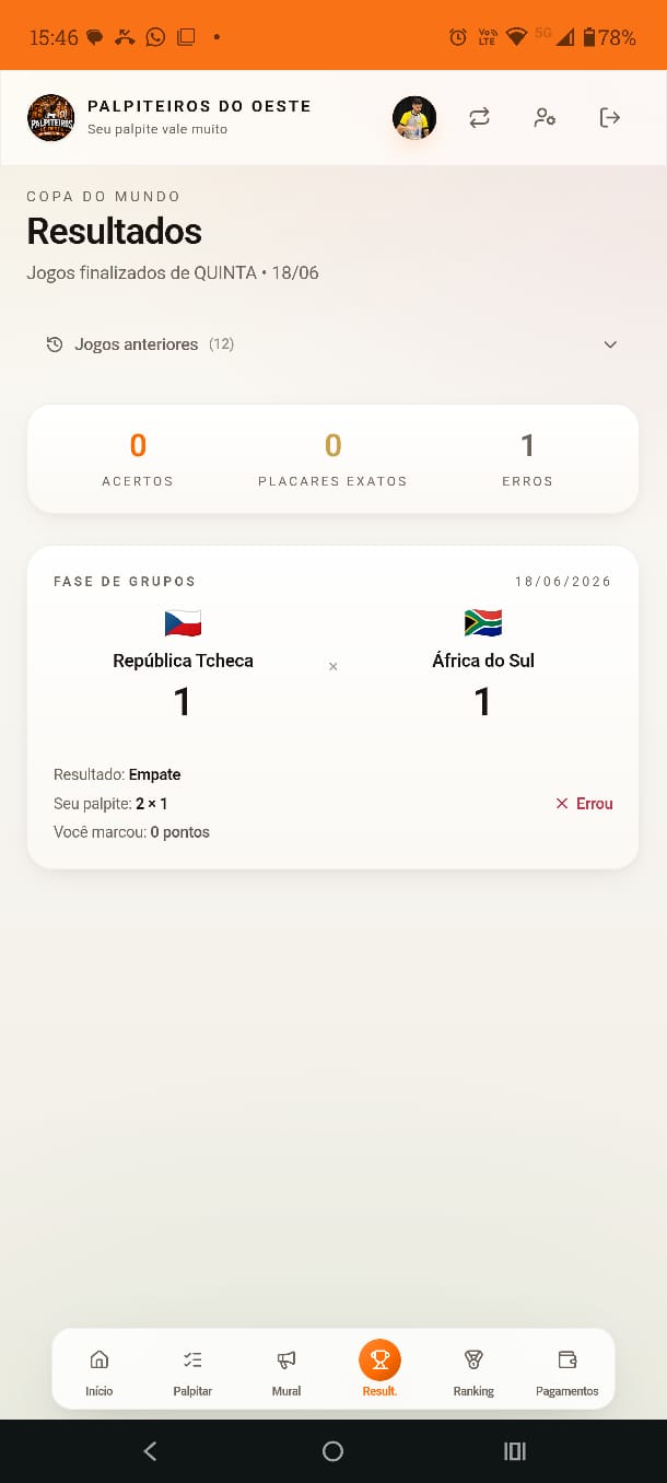 Tela Resultados do app Palpiteiros do Oeste