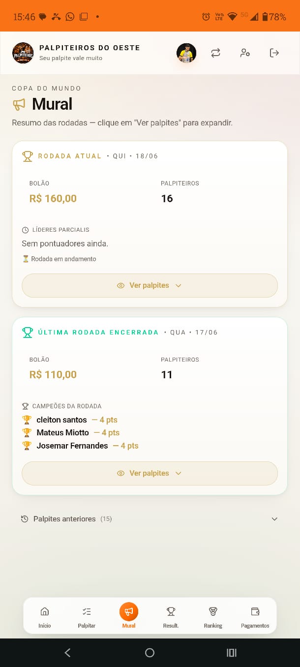 Tela Mural do app Palpiteiros do Oeste